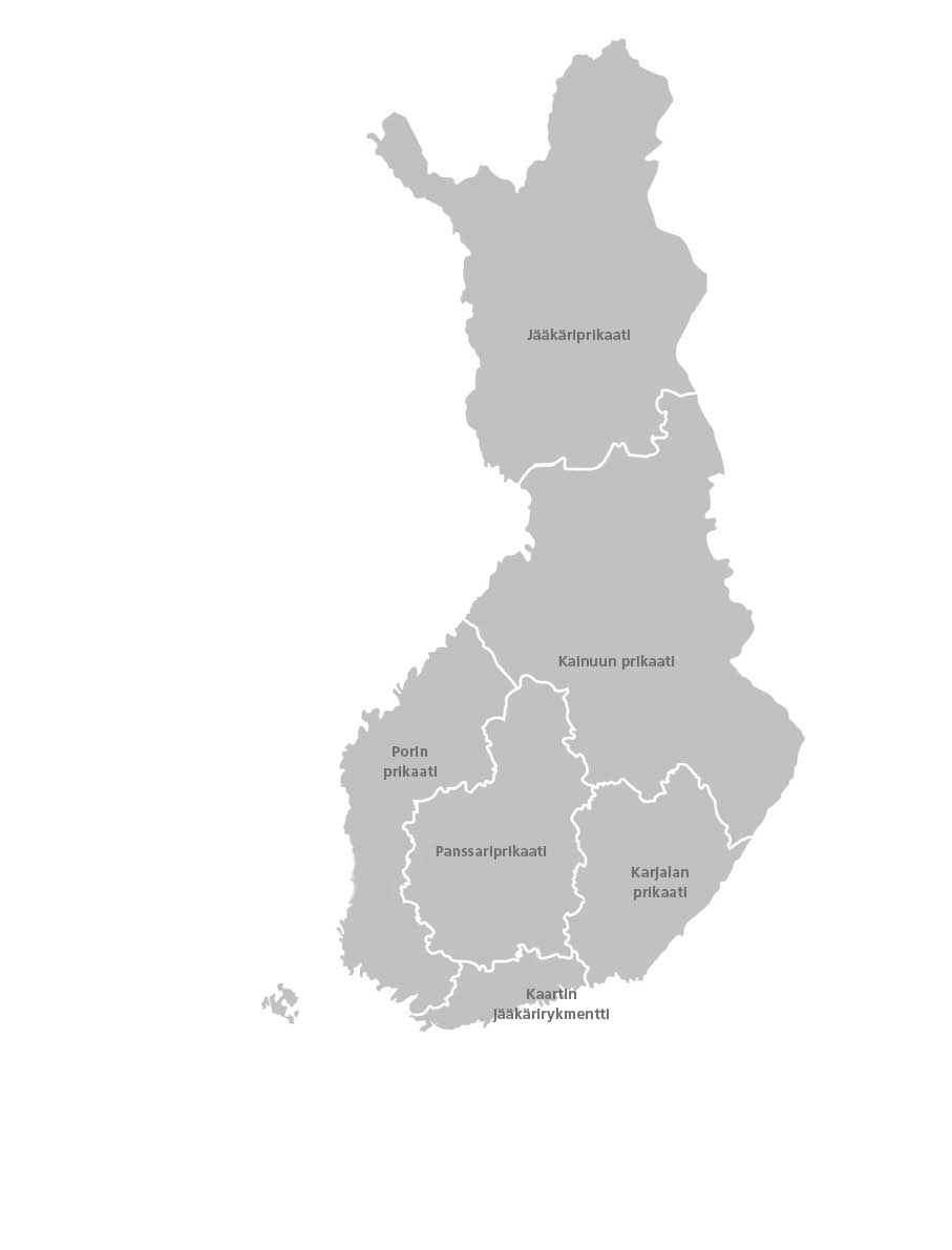 Suomen kartta. Klikkaamalla kartan isommaksi näet, miten joukko-osastot sijoittuvat kartalle.