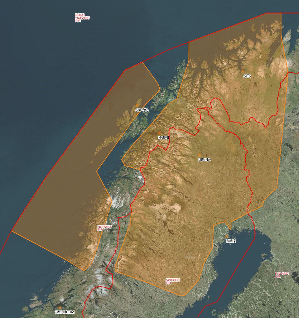 kuva, jossa karttaan piirrettynä lentotoiminta-alue. Merkitty osia Länsi-Lapista sekä Pohjois-Norjasta ja Ruotsista.