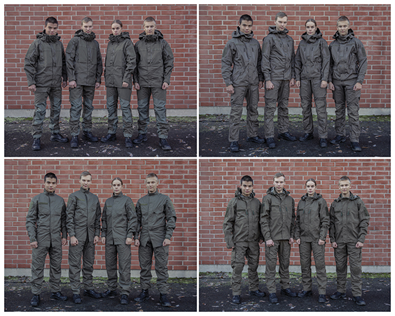 Neljä neljän varusmiehen ryhmää pukeutuneina pohjoismaisen taisteluasujärjestelmän testipukuihin