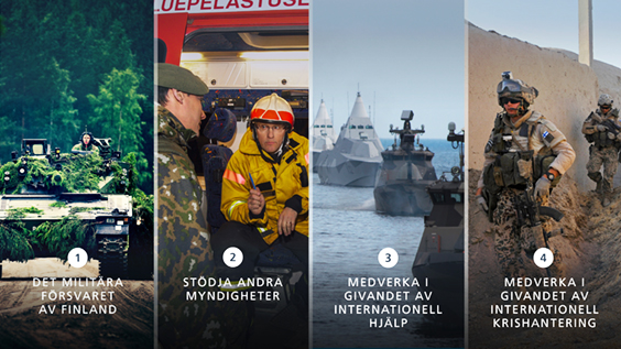 1. Det militära försvaret av finland 2. Stödja andra myndigheter 3. Medverka i givandet av internationell hjälp 4. Medverka i givandet av internationell krishantering.