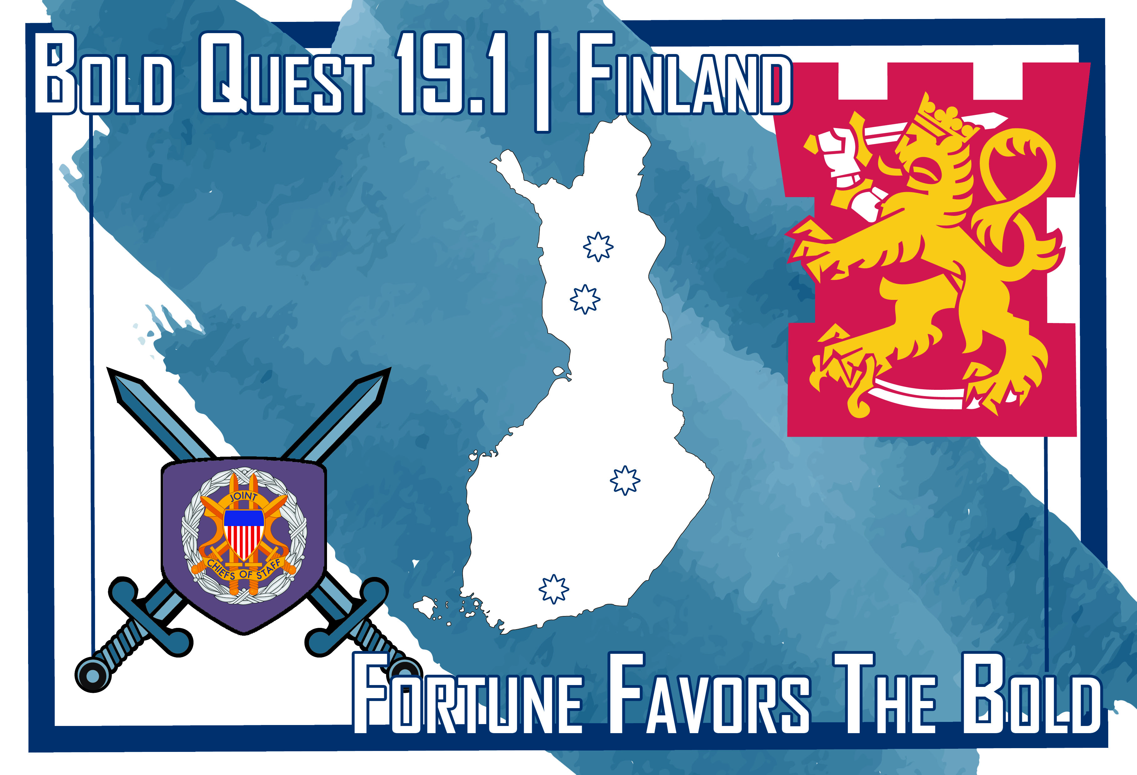Bold Quest -tapahtuman logossa on keskellä Suomen karttakuva, oikeassa yläreunassa Puolustusvoimien tornileijonatunnus ja vasemmassa alareunassa Yhdysvaltojen yleisesikunnan tunnus.