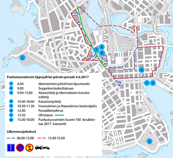 Kartta päivän liikennejärjestelyistä