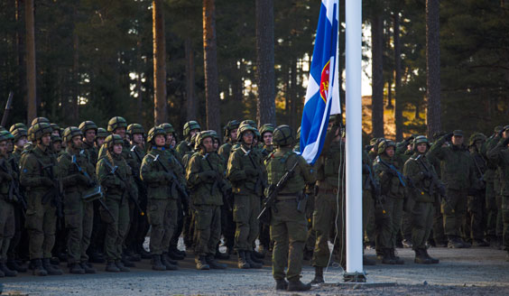Joukko varusmiehiä seisoo rivissä ja seuraa Suomen lipun laskua salosta.