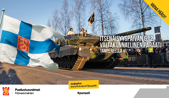 kuva, jossa panssarivaunu, Suomen lippu ja teksti