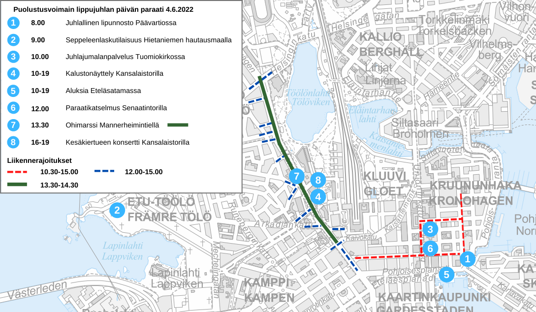 Karttakuvassa paraatin liikennerajoitukset Helsingin keskustassa