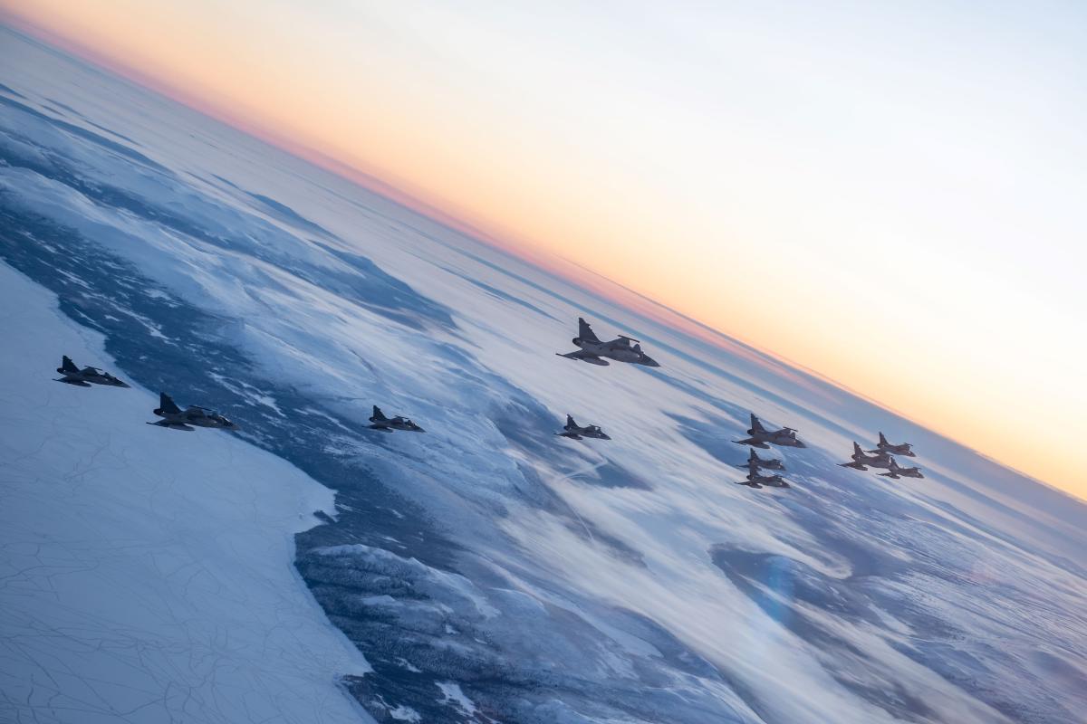 JAS 39 Gripen fighter jets in Christmas tree formation