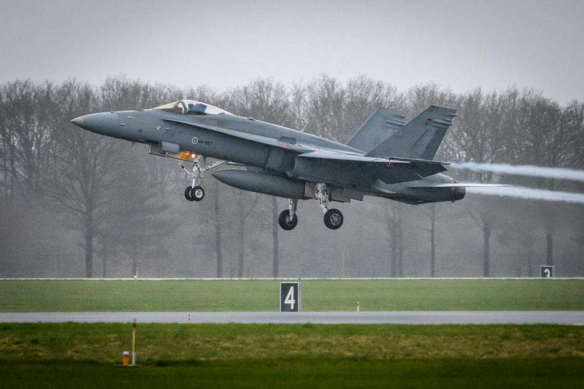 Finnish F/A-18 Hornet fighter jet at Skrydstrup Air Base in Denmark