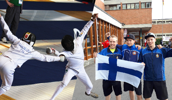 Kuva koostuu kahdesta osasta. Toisessa kaksi miekkailijaa ottelemassa ja toisessa kolme suomen kilpailijaa pitelemässä suomenlippua kolmikon edessä.