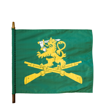 Jalkaväkikoulun lipussa vihreässä lippukentässä ovat ristikkäiset kiväärit, joilla seisoo takajaloillaan Suomen leijona.
