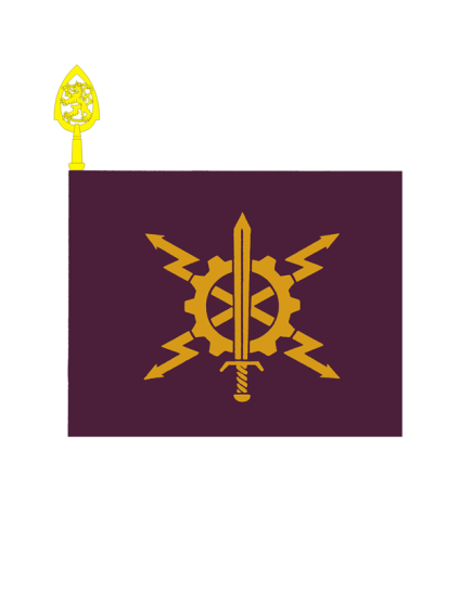 Viestikoulun lippu on violetti ja siinä on keltainen miekka jonka ympärillä keltainen ratas ja keskeltä lähtee kulmiin päin neljä keltaista salamakuvioista nuolta.