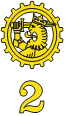 2. Logistiikkarykmentin tunnus on ratas jonka sisällä on Suomi-leijona ja alapuolella numero 2.