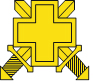 Sotilaslääketieteen keskuksen tunnus on kaksi miekkaa joiden päällä on iso symmetrinen risti.