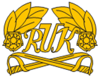 Reserviupseeriupseerikoulun joukko-osastotunnus on keltainen. Siinä lukee RUK, jonka sivuilla ruusukkeet joista lähtee ylöspäin lehtiä, alapuolella miekat ristissä.
